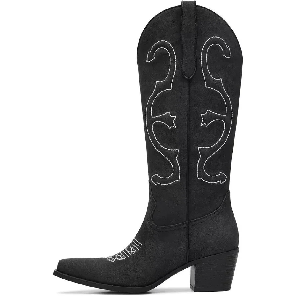 Women's Black Mid Calf Cowgirl Pointed Toe Chunky Heel Fashion Cowboy Boots